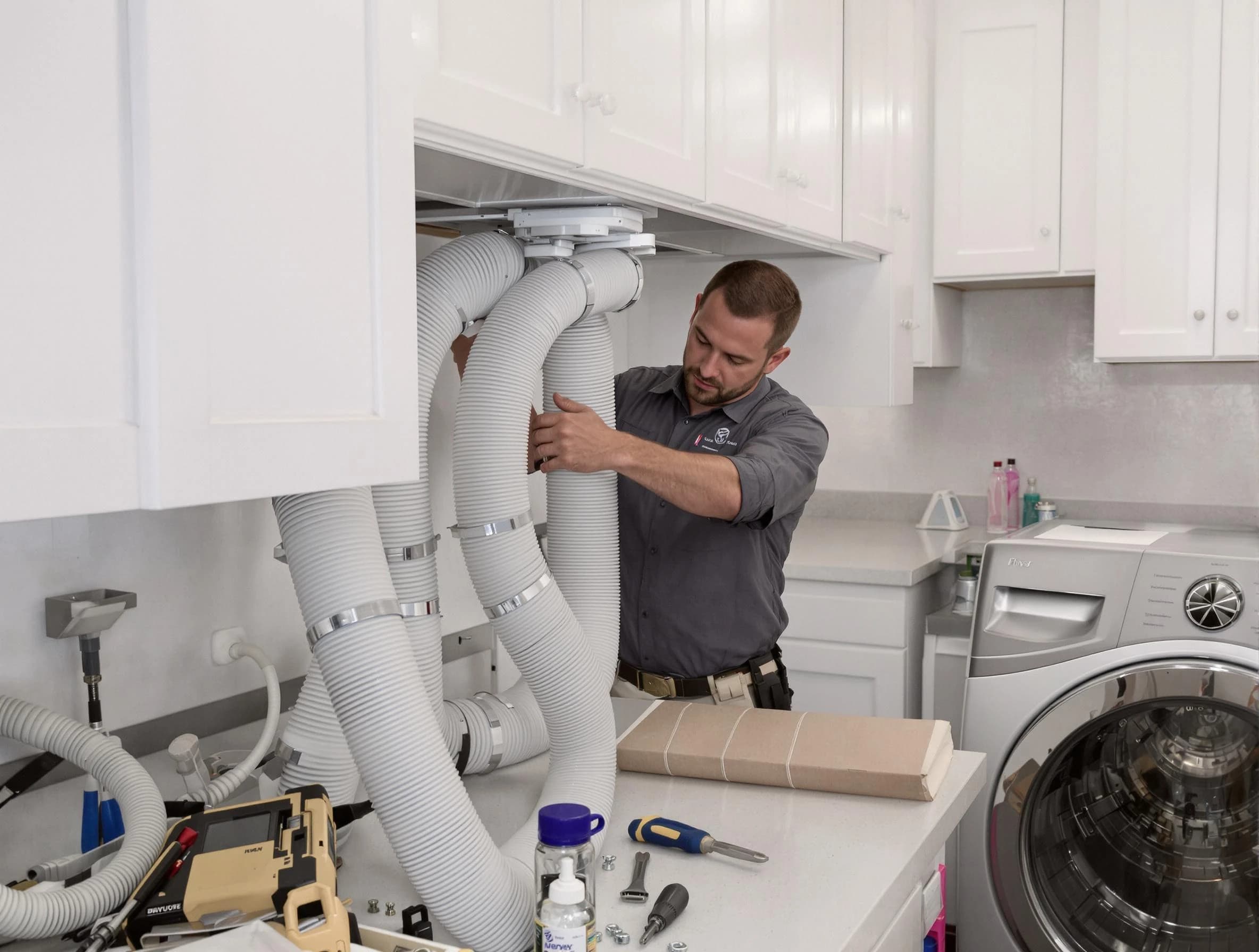 Los Lunas Dryer Vent Cleaning technician installing a new professional-grade dryer vent hose in Los Lunas
