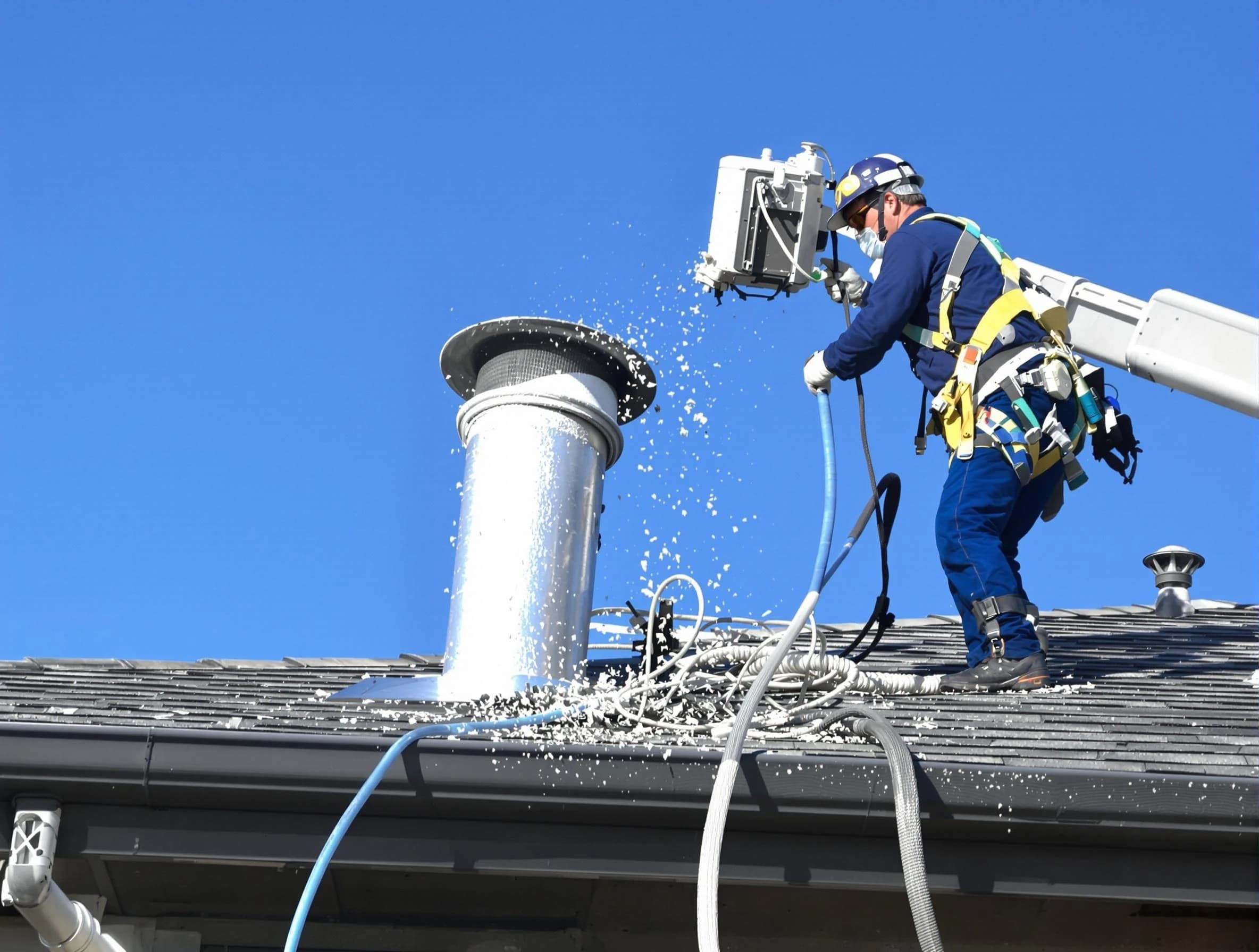 Los Lunas Dryer Vent Cleaning certified technician safely cleaning a roof-mounted dryer vent in Los Lunas