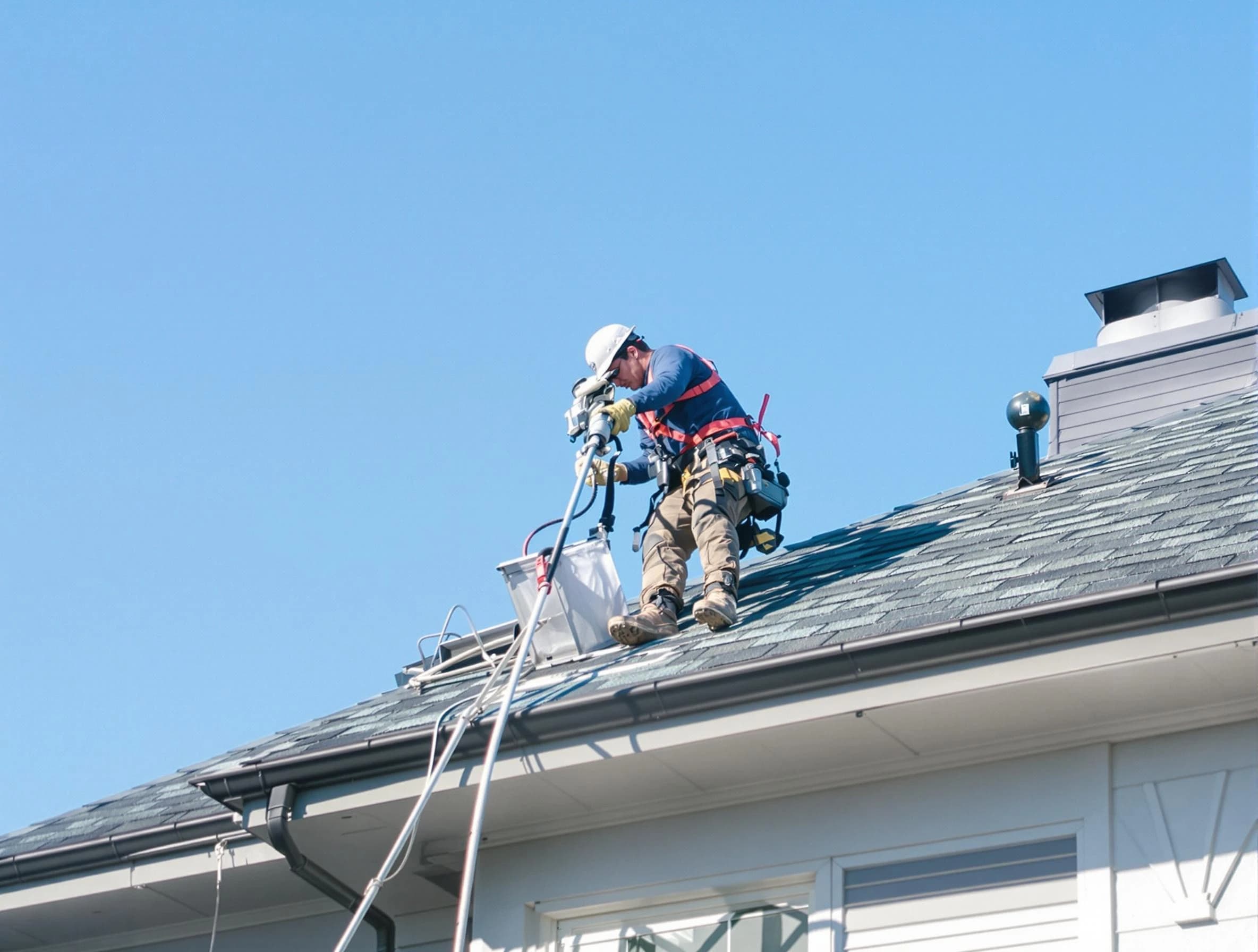 Los Lunas Dryer Vent Cleaning certified technician cleaning a roof-mounted dryer vent system in Los Lunas