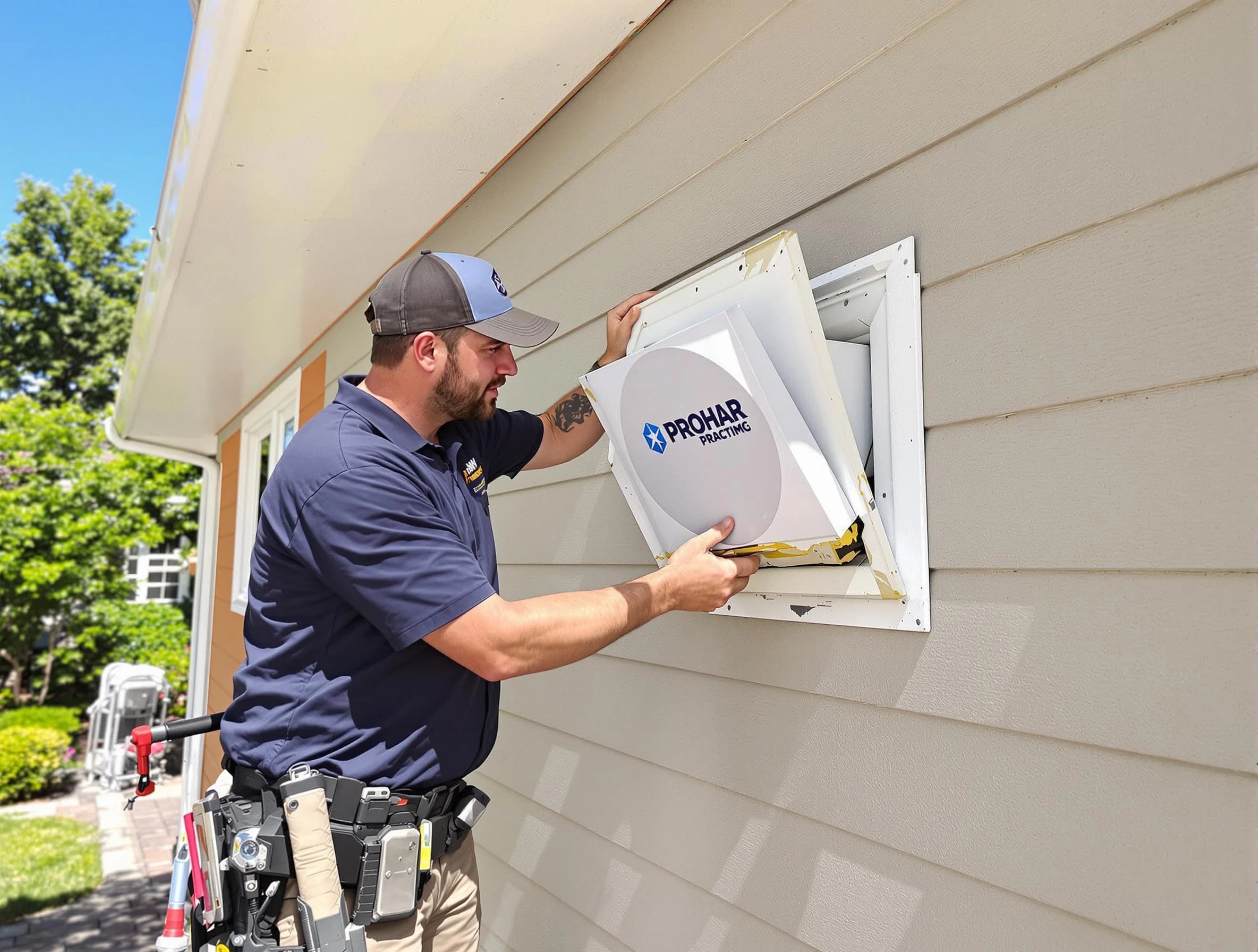 Los Lunas Dryer Vent Cleaning technician installing a new protective dryer vent cover on a home in Los Lunas