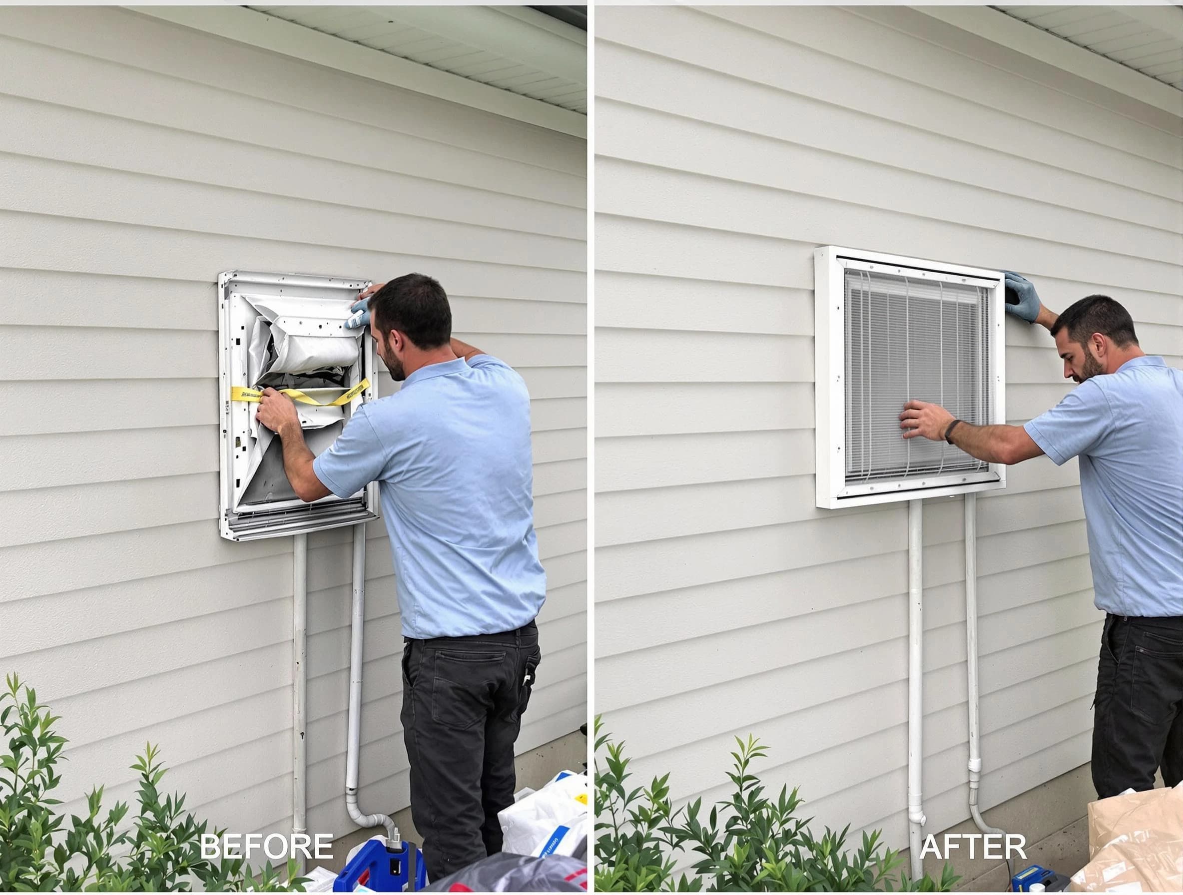 Los Lunas Dryer Vent Cleaning technician installing high-quality dryer vent cover at a residential property in Los Lunas