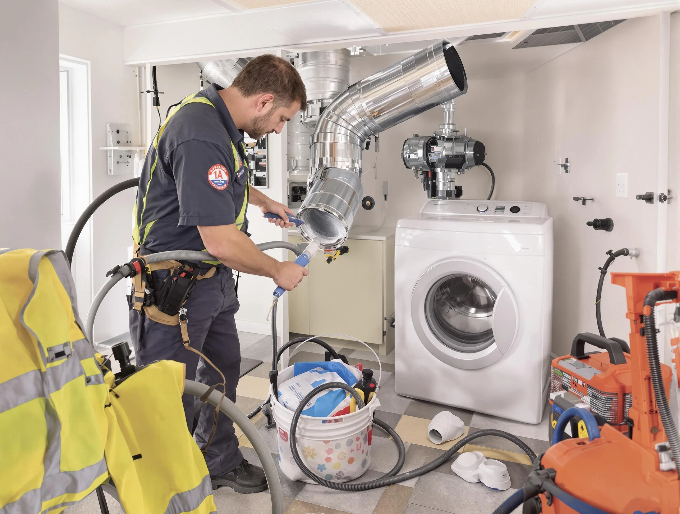 Los Lunas Dryer Vent Cleaning technician using specialized equipment to clear severe dryer vent blockage in Los Lunas